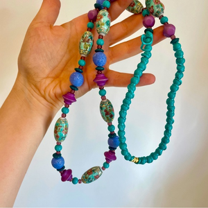 HAND PAINTED Vintage Chinese‎ Porcelain Hand-Painted Necklace w/ Florals & Silk